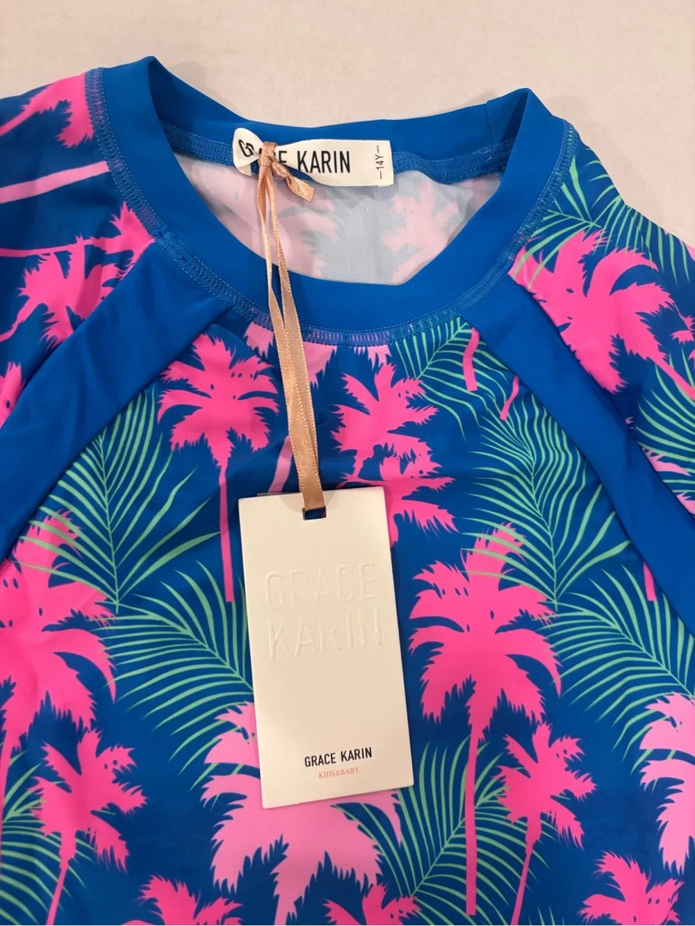 Grace Karin Girls Swimwear Set NWT Size 14Y blue pink tropical rashguard shorts